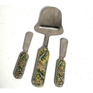 Set of 3 Cheese Knife & Slicer Palm Leaves Green Stainless Steel Vintage Knives